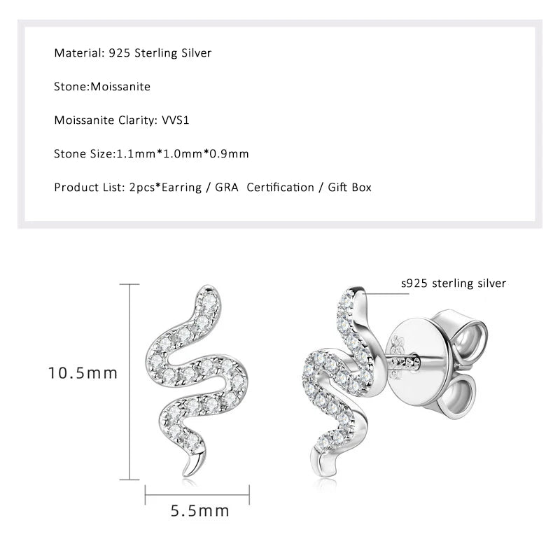 Lnngy Certified 925 Sterling Silver Snake Shape Stud Earrings 1.1MM*1.0MM*0.9MM Moissanite Earring for Women Daily Jewelry Gift