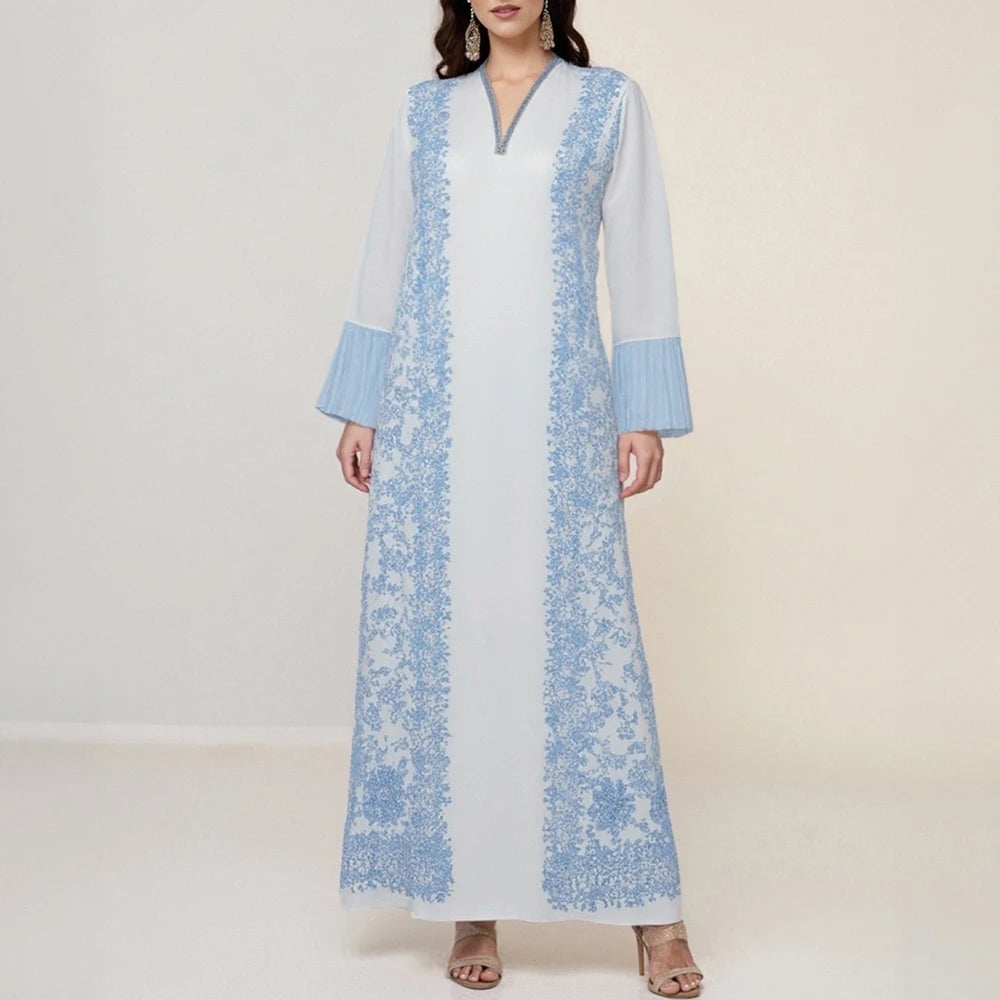 Rafiah Women's Arabian Dress Spring Summer Fashion Solid Color Patchwork Long Sleeve V-Neck Loose Arabian Dress For Women