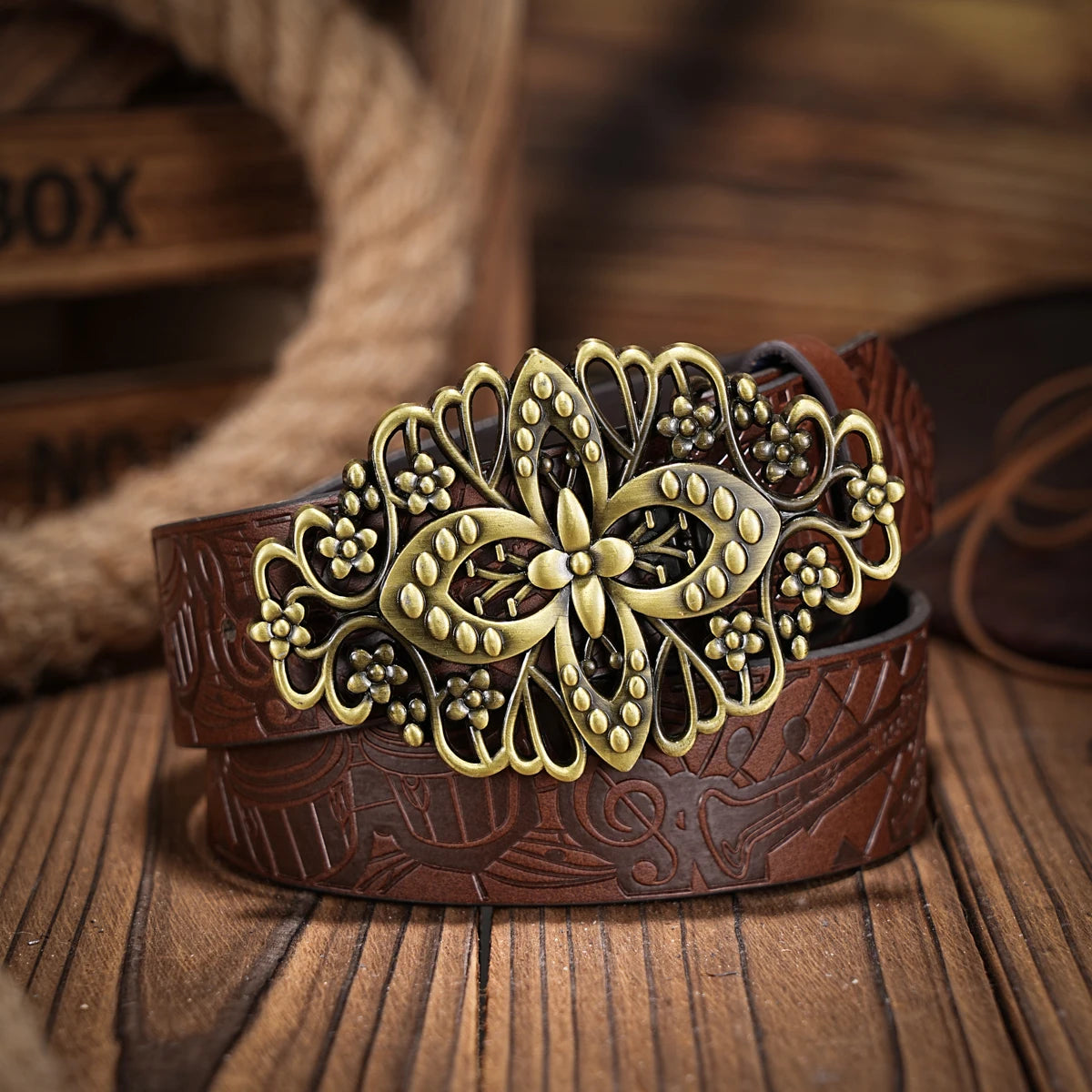 Western denim PU Belt - men's decorative printed carved denim waistband