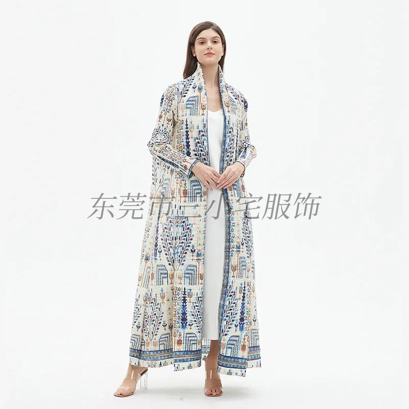 KAF Pleated Large Size Women Trench Coat 2024 Spring and Autumn New Vintage Printed Design Luxury Female Coat Arabian Abaya