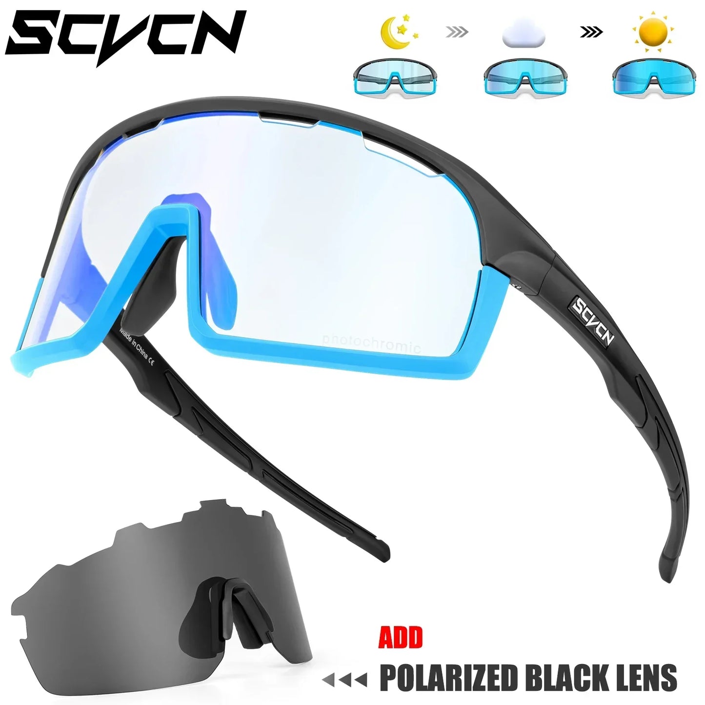 SCVCN Photochromic Cycling Sunglasses for Man Blue Outdoor Sports Bike Glasses MTB Fishing Glasses Bicycle Goggles UV400 2lens