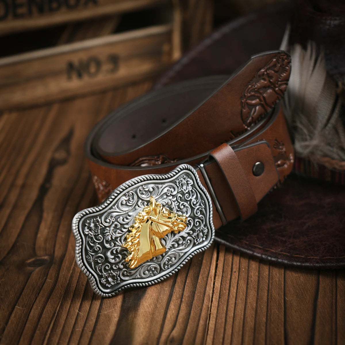 Western Cowboy Leather Buckle Belts Horse Pattern Floral Engraved Buckle Belt for Men