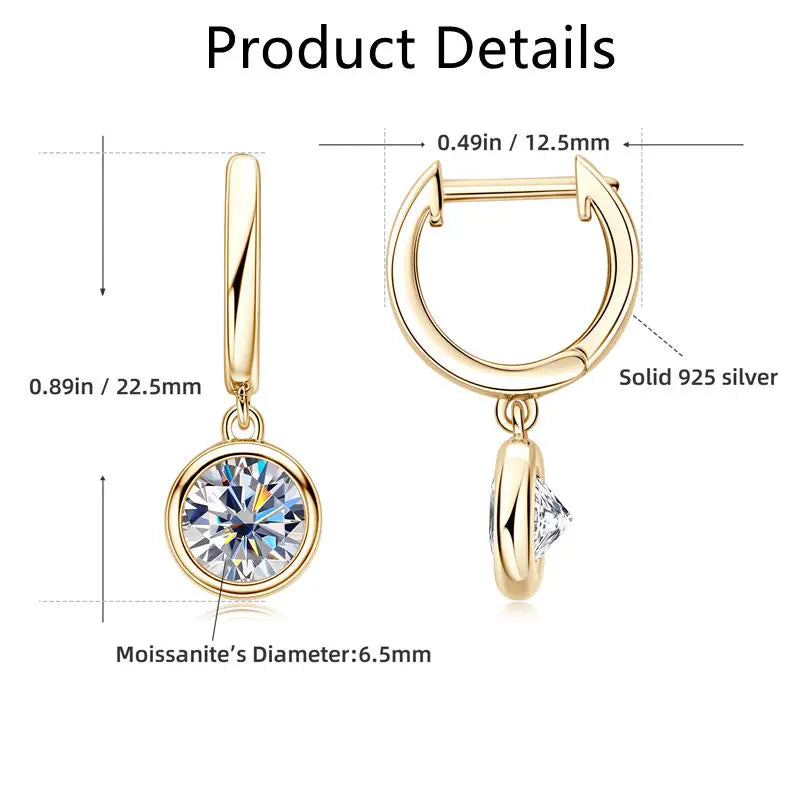 Lnngy 925 Sterling Silver Dangle Earring 1CT 2CT Round Bezel Setting Moissanite Drop Earrings For Women Girl Birthday Party Gift