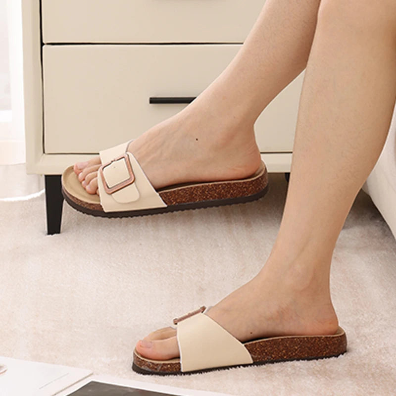 Crestar Women's Summer Cork Slippers 2025 New Outdoor Beach Flip Flops Fashion Leather Orthopedic Sandals With Adjustable Buckle