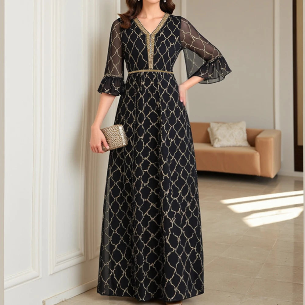 Rafiah Summer Women's Arabian Dresses 2025 Traditional Luxurious Checked Print Appliques Short Sleeve V-Neck Evening Dresses