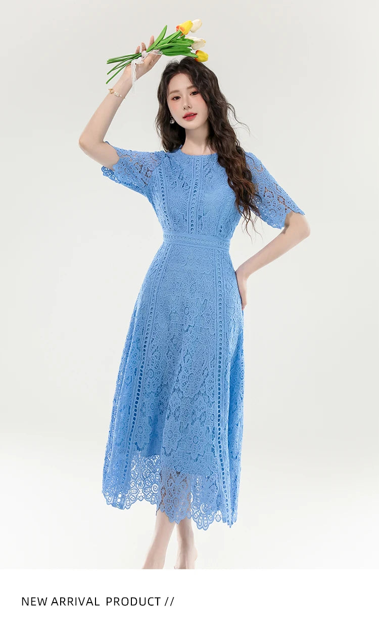2025 New Summer French Elegant Fashion Evening Dress Women Lace Hollow Out Crochet Party Dress Casual Chic Holidays Clothing