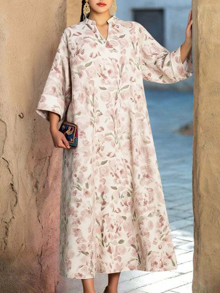 Rafiah Women's Summer Arabian Dress Elegant Floral Long Sleeve V-Neck Dating Long Dresses Evening Dresses 2025