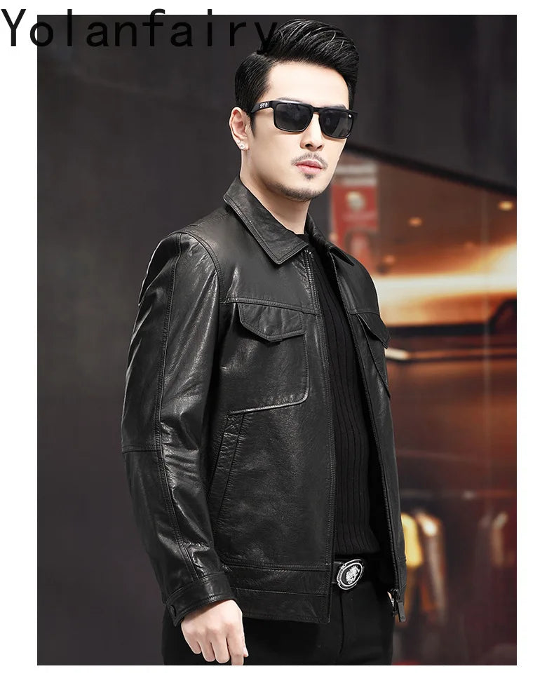 Men's Distressed Genuine Cowhide Leather Jacket – Spring Autumn Casual Slim Fit