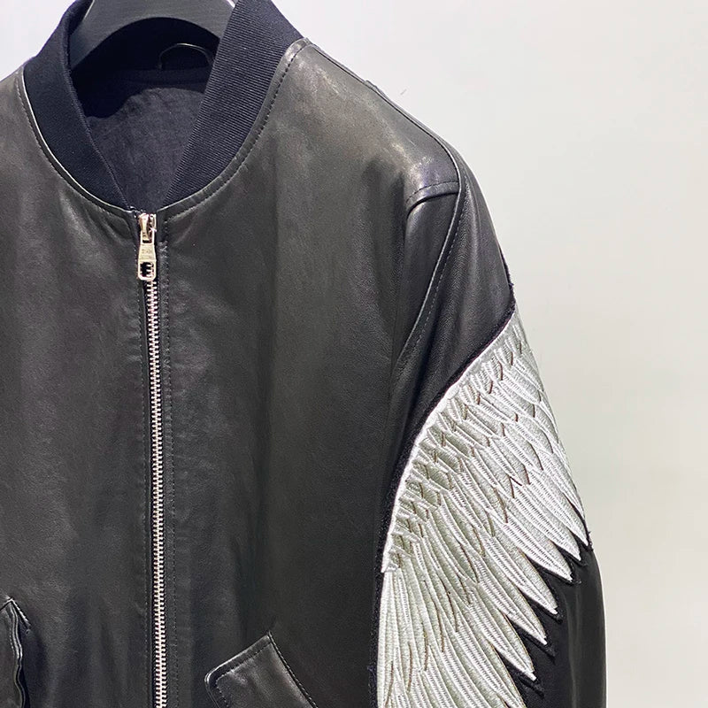 Embroidered eagle wings leather baseball jersey men stand-up collar full vegetable tanned sheepskin genuine leather jacket tops