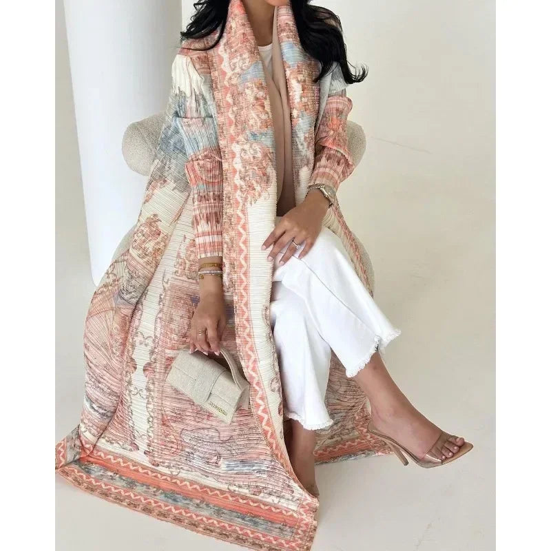 KAF Pleated Women Trench Coat Vintage Printed Cardigan Design Loose Plus Size Women Long Dress Dubai Female Luxury Abaya 2024