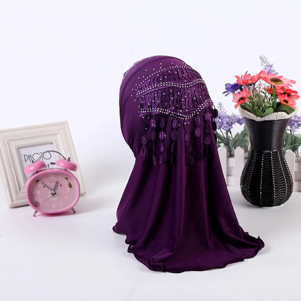 Amira-Muslim Girls Headwear with Diamond Tassel Islamic Prayer Headscarf Arab Soft Wrapped Scarf Plain Shawls Middle East