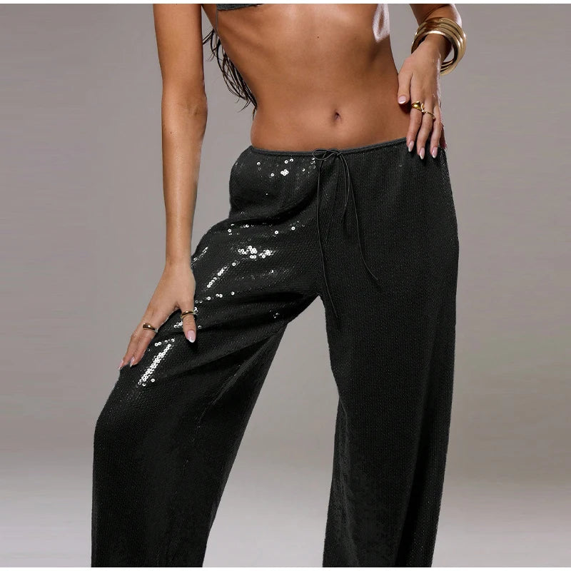 Loose Solid Color Sequin Pants Woman Cinched Waist Glitter Straight Baggy Long Pants Casual Street Chic Sparkle Women's Trousers