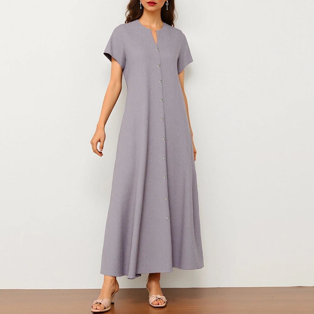 Rafiah Women's Summer 2025 Dress Solid Color Round Neck Button-Front Short Sleeves Flowing Silhouette office Lday Dress