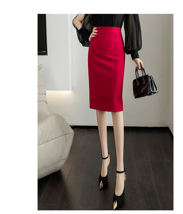 Classic Vintage Gray Red Stretch Pencil Skirts For Women Office Lady Formal Black Midi Skirts Elegant Female Package Hip Skirts