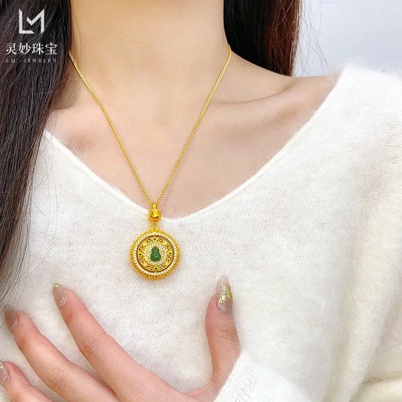 Women's 24K Gold Rotatable Hollow Pendant, AU999 | Distressed hollow-texture, rustic elegance for everyday grace.