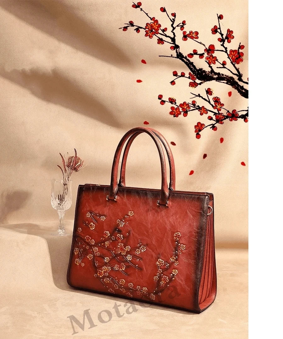MOTAORA Vintage Embossed Women Shoulder Bag Leather Top-handle Bags Ladies Large Capacity Messenger Bags Floral Female Tote Bag