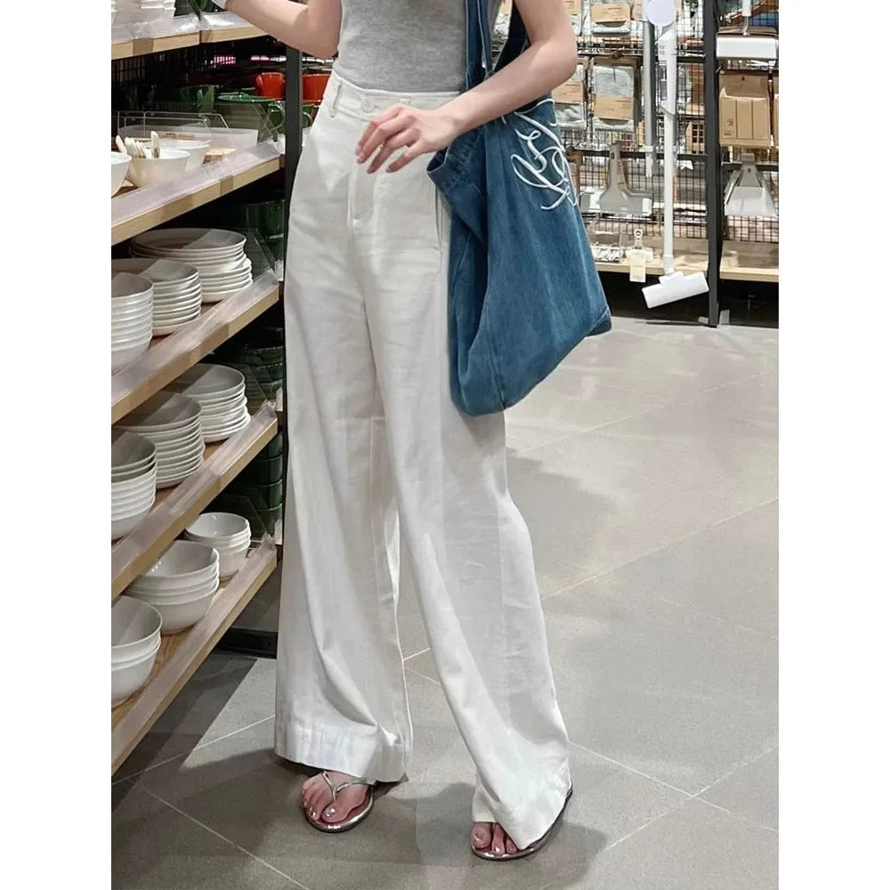 Ele White Cotton Linen Wide Leg Pants Women Summer High Waist Draped Loose Slim Straight Casual Thin Pants