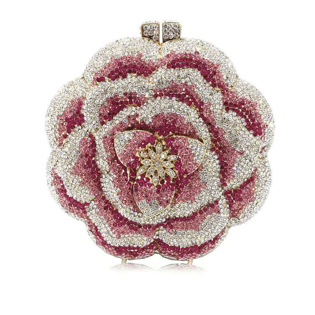 Rose Flower Pink/Green Rhinestones Evening Clutches Women Floral Yellow Crystal Evening Bags Bridal Wedding Party Clutch Purse