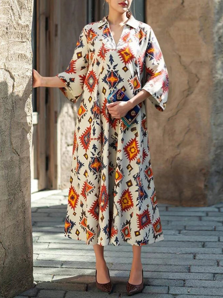 Rafiah Women's Summer Arabian Dress Fashion Full Print Long Sleeve V-Neck Vacation Long Dresses Evening Dresses 2025
