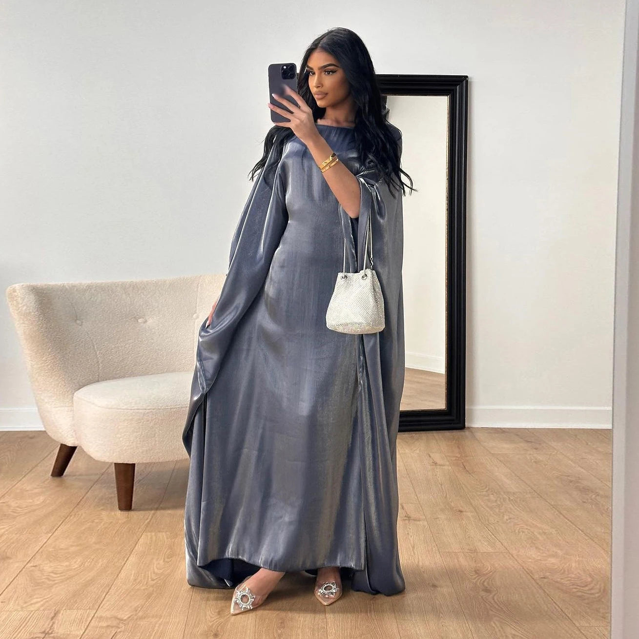 Batwing Butterfly Sleeve Satin Dress Abaya Dubai Muslim Maxi Dress Kaftan Abayas for Women Kebaya Caftan Robe Femme Vestidos