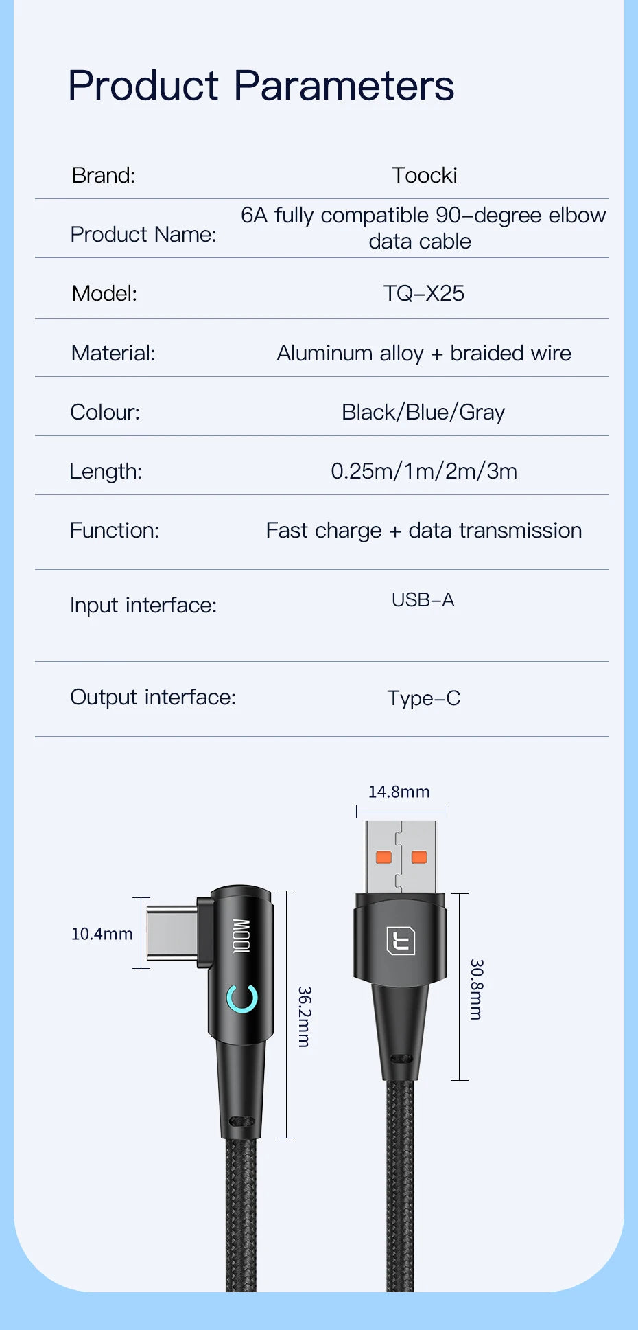 كابل Toocki 6A USB C بزاوية 90 درجة لشحن سريع 100 واط لهاتف OPPO وHonor وHuawei وOneplus وRealme وسلك بيانات الشاحن