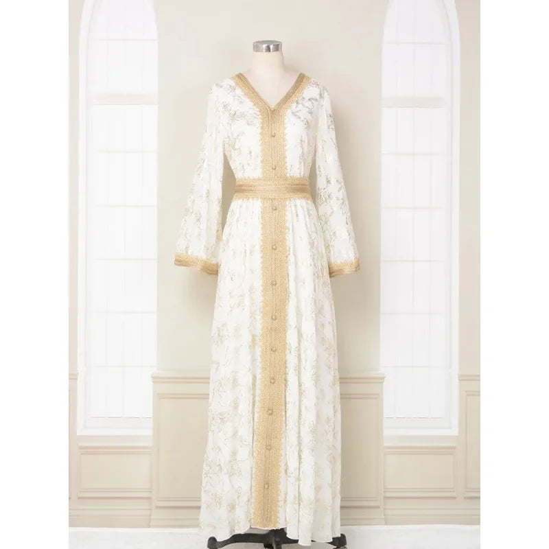 KAF Dubai Luxury Evening Party Dress 2025 Spring Fall New V-neck Long Sleeve Retro Printing Design Loose Large Size Female Abaya