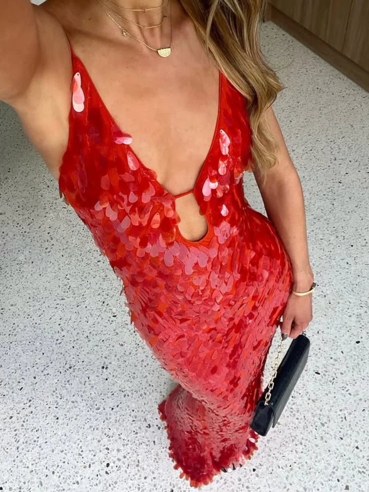 Glitter Sequins Spaghetti Strap Evening Gown – Women’s Sleeveless Backless Floor-Length Party Dress