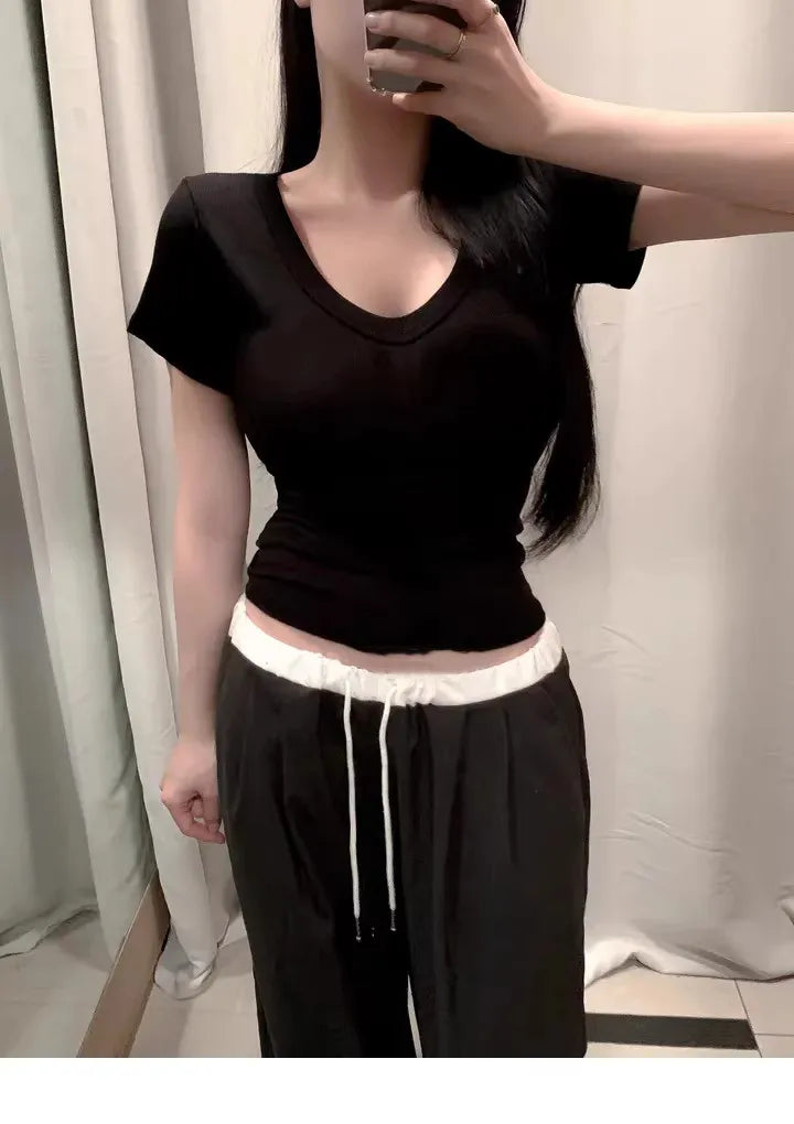 Faionable V-ne Tight-fit ort-sved T-irt Women's Inner Wear Body-a Tool Dongda Gate Modal Knitted Top