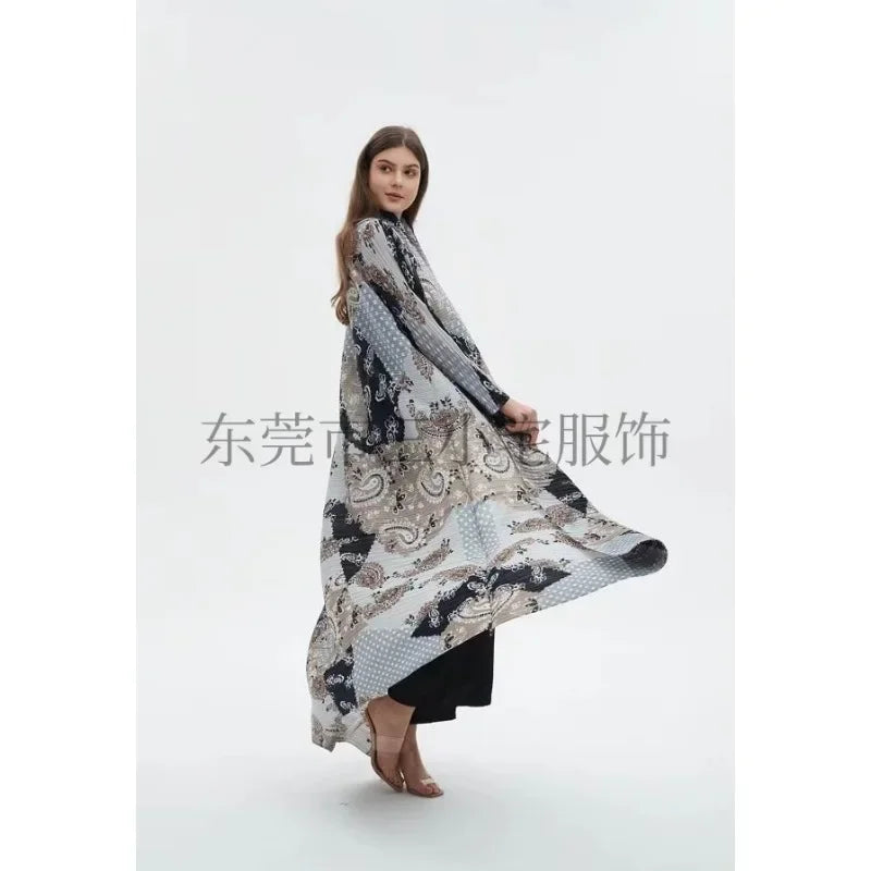 KAF Pleated Large Size Women Trench Coat 2024 Spring and Autumn New Vintage Printed Design Luxury Female Coat Arabian Abaya