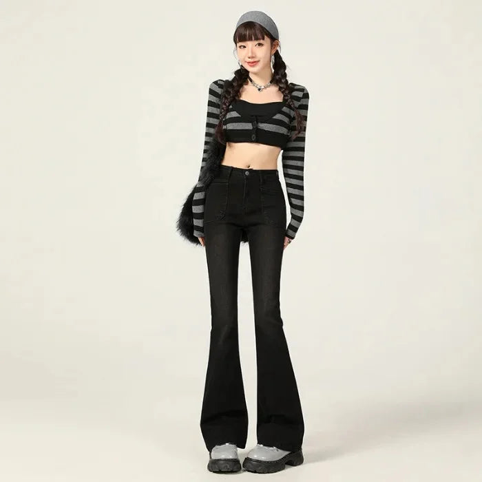 American Style Vintage Jeans Women's Slim Fit High Street Bootcut Pants 2024 Autumn Winter Slimming Petite Bootcut Trousers