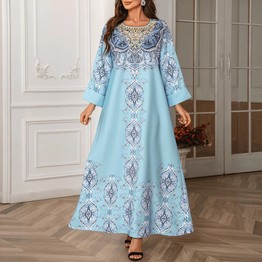 Rafiah Summer Dress 2025 Women's Arabian Opulent Geometric Print Rolled Long Sleeve Round-Neck A-Line Basics Midi Dress