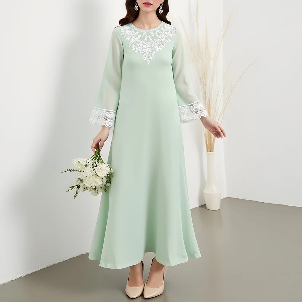 Rafiah Women's Dresses Summer Comfortable Elegant 2025 Plain Embroidery Long Sleeve Round Neck A-Line Midi Vacation Long Dress