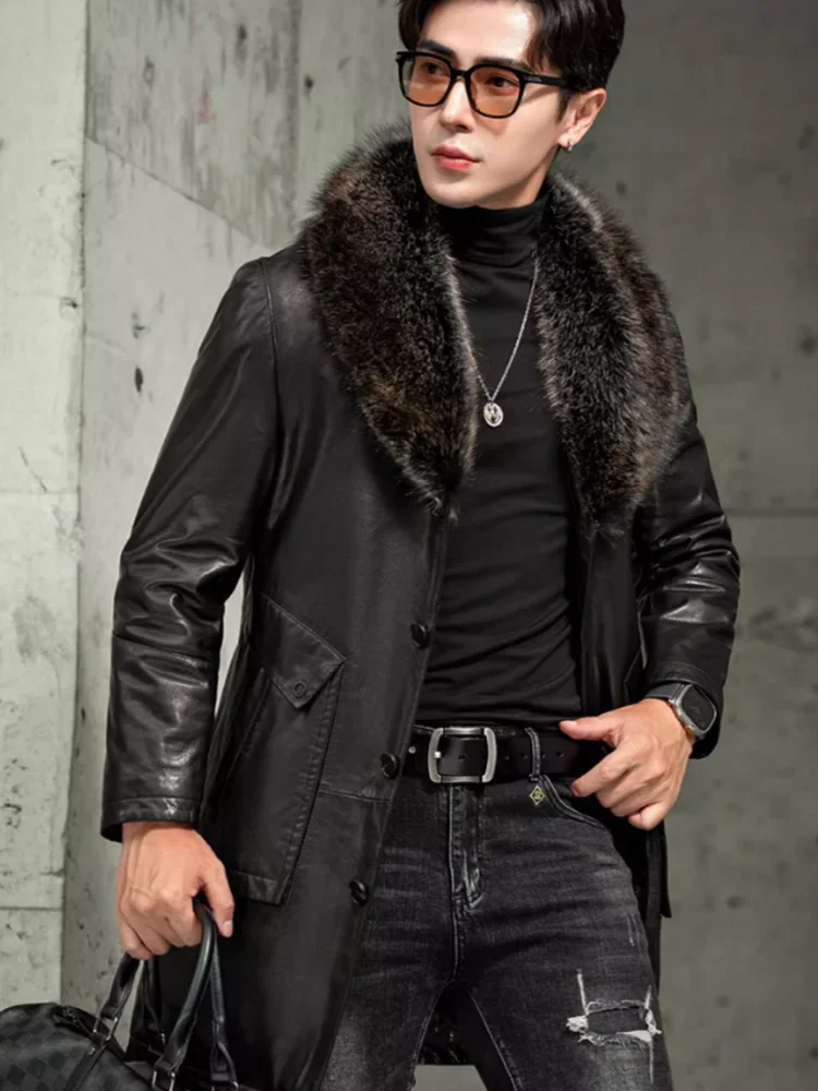 Men Luxury Business Winter Work Mid Long Thick Warm Down Coat Fur Collar Single Breasted Sheepskin Genuine Leather Jacket Trench