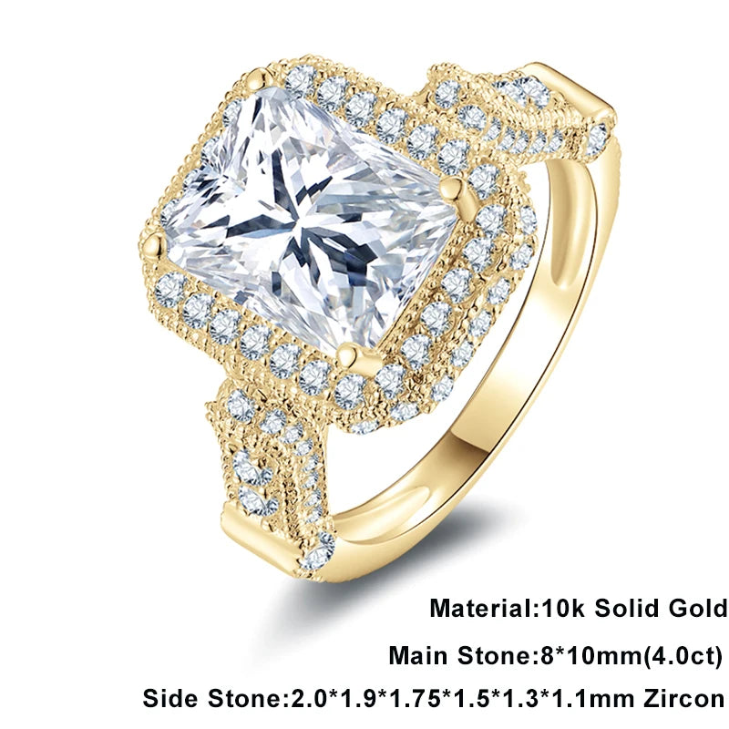 Lnngy Pure 10K Yellow Gold Wedding Bands Radiant Cut 8*10mm Moissanite Engagement Ring for Women Exquisite Finger Jewelry Gift