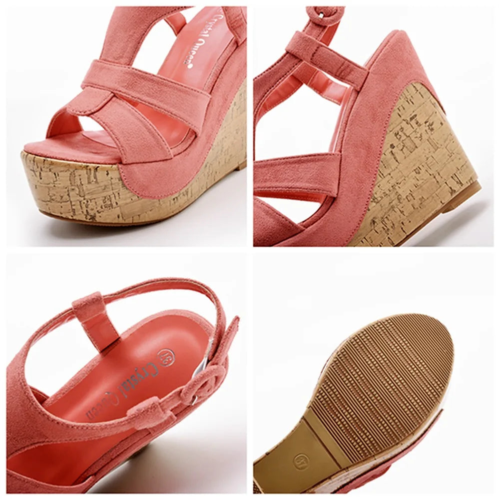 Women’s Summer Flock Sandals – 12CM Wedge Heels with Buckle Strap, White