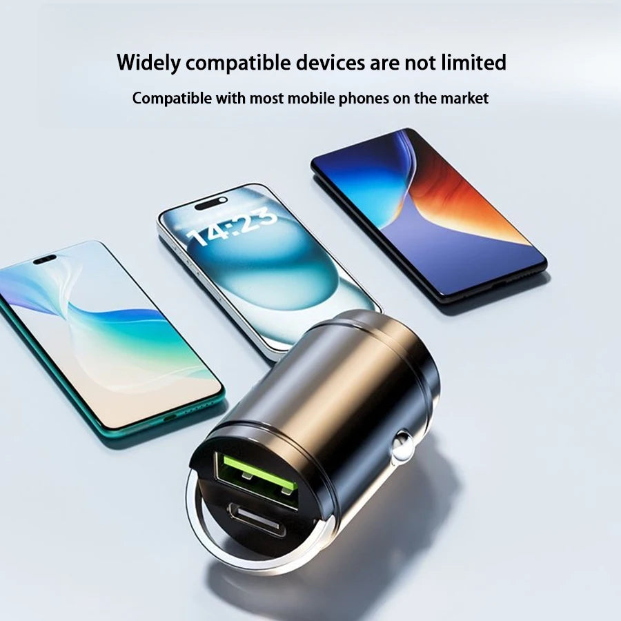 شاحن سيارة صغير مخفي مزود بحلقة سحب USB+TYPE C شاحن سريع مناسب لمجموعة متنوعة من أجهزة الهواتف المحمولة