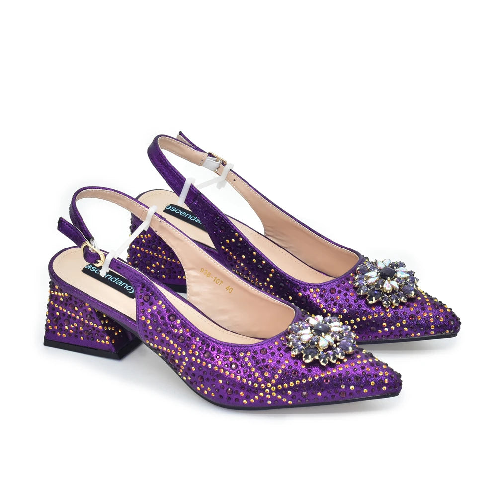 Elegant Baldauren Women’s Italian-Style Pointed Toe Slingback Pumps with Crystal Rhinestones & Matching Bag – African Party & Wedding Set (Sizes 37-43)