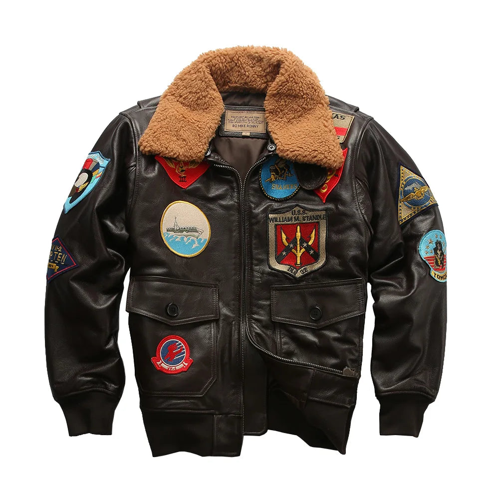 Top Gun Genuine Cowhide Leather Jacket with Wool Collar – Embroidered Unisex Motorcycle Coat