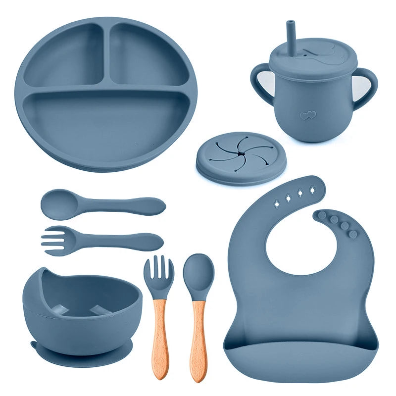 Mother Kids 8PCS Baby Silicone Feeding Set Bibs Sucker Dinner Plate Antislip Bowl Spoon Cup Children's Tableware Baby Stuff