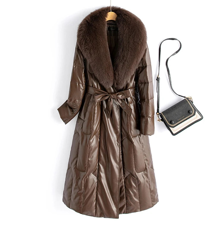 New Women Winter Leather Down Coat Fashion Real Fox Fur Collar Slim Waist Long Leather Coat Casual Thick Warm Overcoat