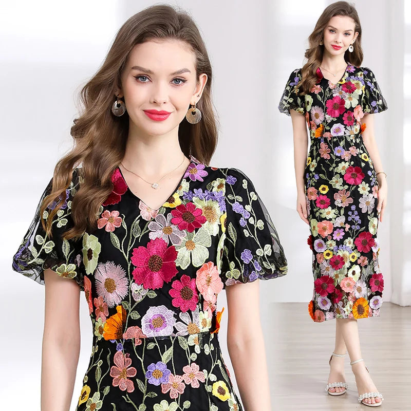 Summer High-end Embroidery Lace Prom Dress Women French Luxury 3D Flower Short Sleeve Long Dress Party Bodycon Holiday Vestido