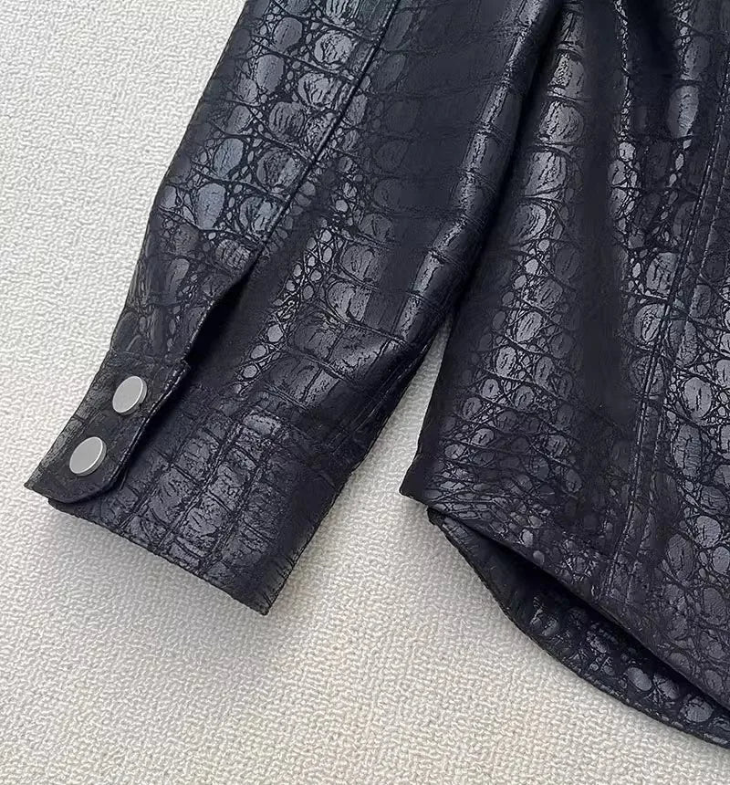 Soft Alligator Pattern Sheepskin Genuine Leather Jacket Men Slim Fit Single Breasted Business Casual Work Natural Leather Tops