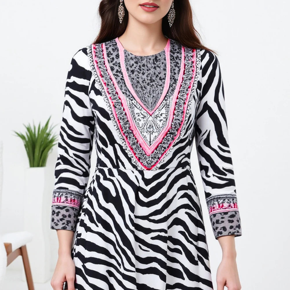 Rafiah Autumn Arabian Long Dress 2025 Fashion Mature Vibe Zebra-Stripe Long Sleeve V-Neck A-Line Dress For Women