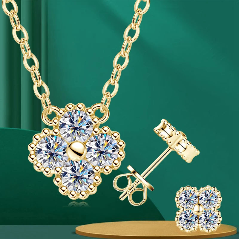 Lnngy 925 Certified Silver Chains Four Leaf Flower Pendant Necklaces 3mm 0.1ct Moissanite Necklace Stud Earring Jewelry Set