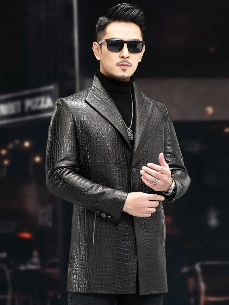 High Quality Luxury Genuine Leather Blazers Men Spring Slim Office Man Embossing Real Sheepskin Coat Suit Jacket Size Runs Small