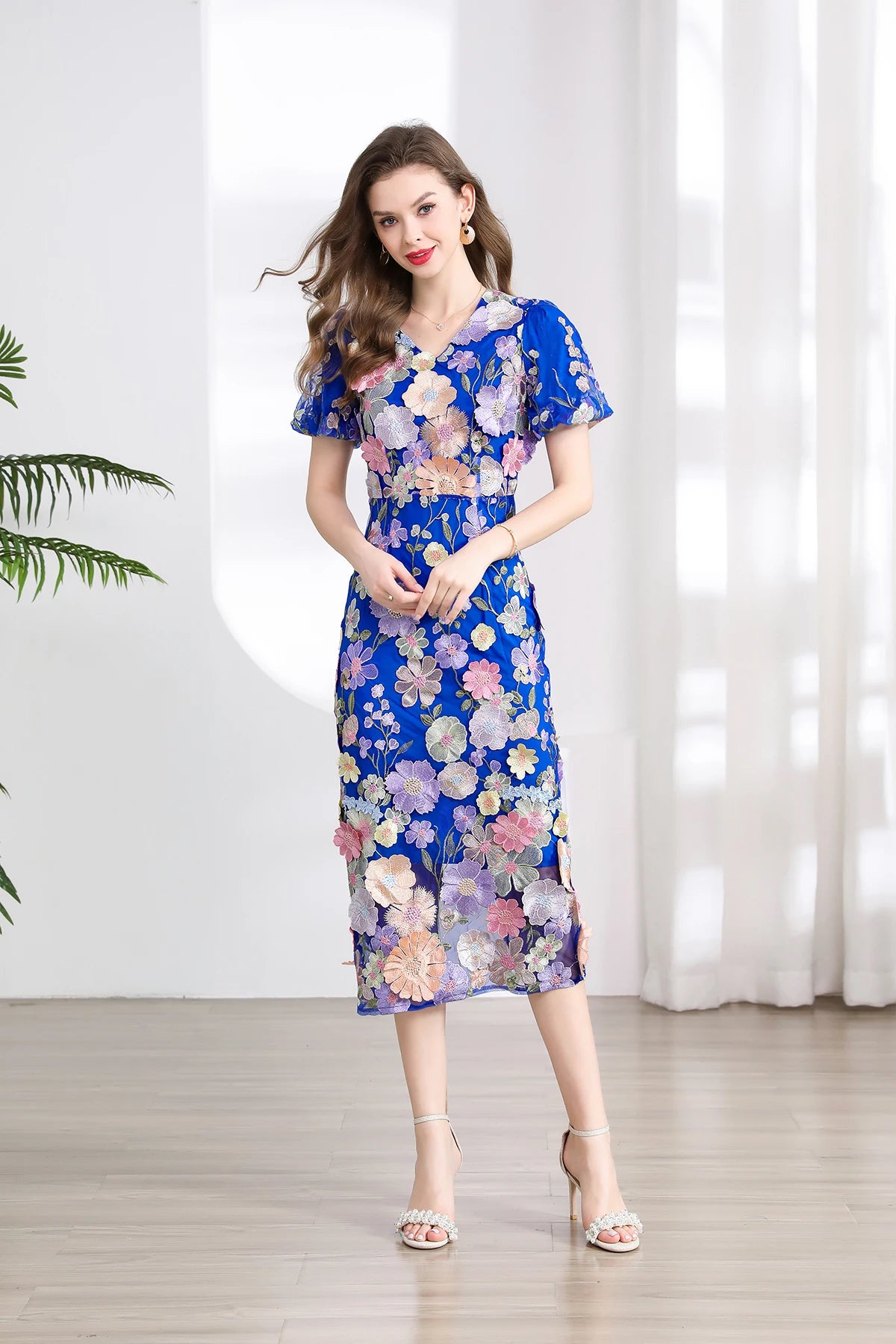 Summer High-end Embroidery Lace Prom Dress Women French Luxury 3D Flower Short Sleeve Long Dress Party Bodycon Holiday Vestido