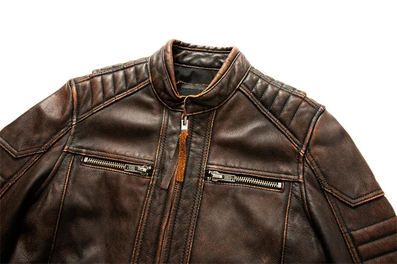 Men's Natural Leather Jacket First Layer Calfskin Stand Collar Motorcycle Jacket Retro Brown Cowhide Jacket Men‘s Biker Clothes
