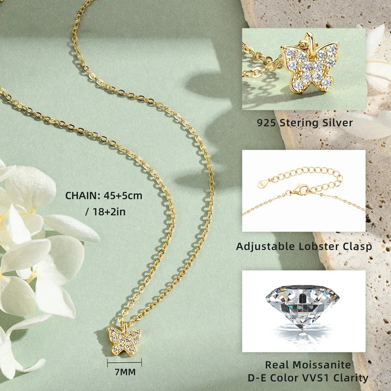 Lnngy Genuine 925 Silver Butterfly Pendant Necklaces Exquisite Moissanite Necklace Stud Earring Jewelry Set For Birthday Gift
