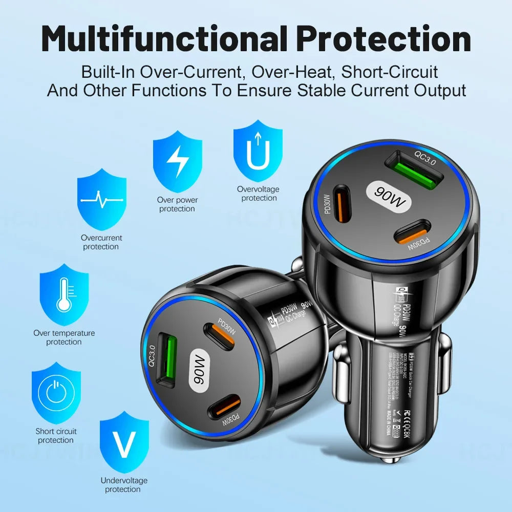 90W Fast Charger 3 Ports PD USB Car Charging Mobile Phone Type-C Adapter Quick Charger in Car for iPhone 14 15 Pro/Max Samsung