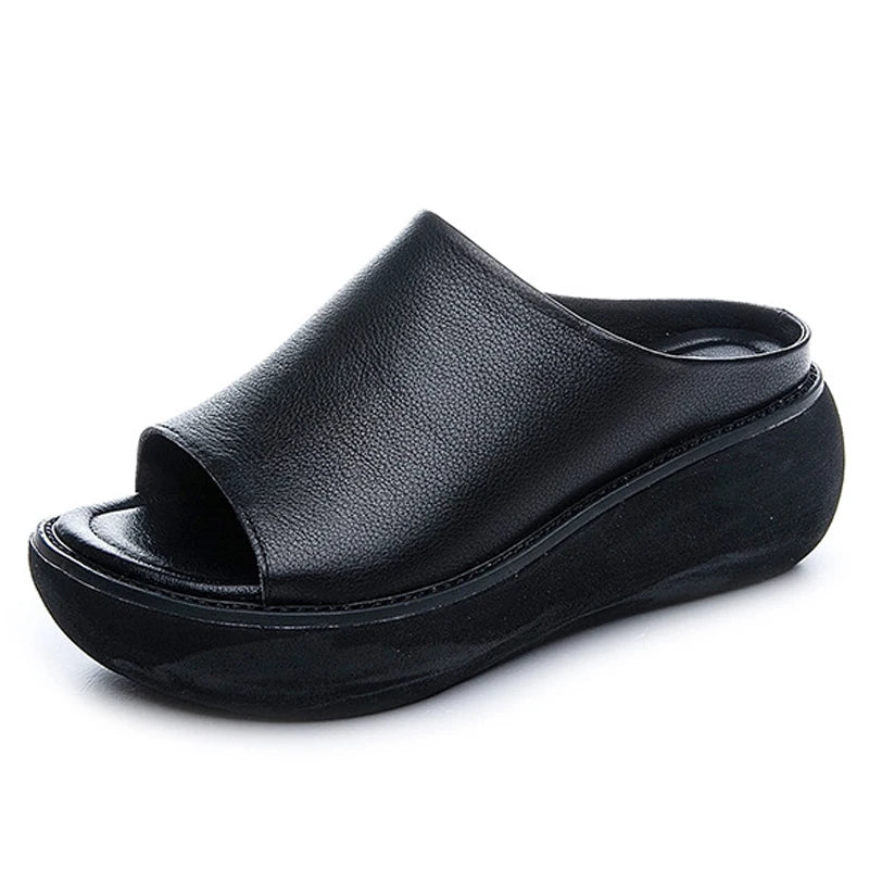 Women’s Genuine Leather Wedge Slippers – Handmade Summer Slides